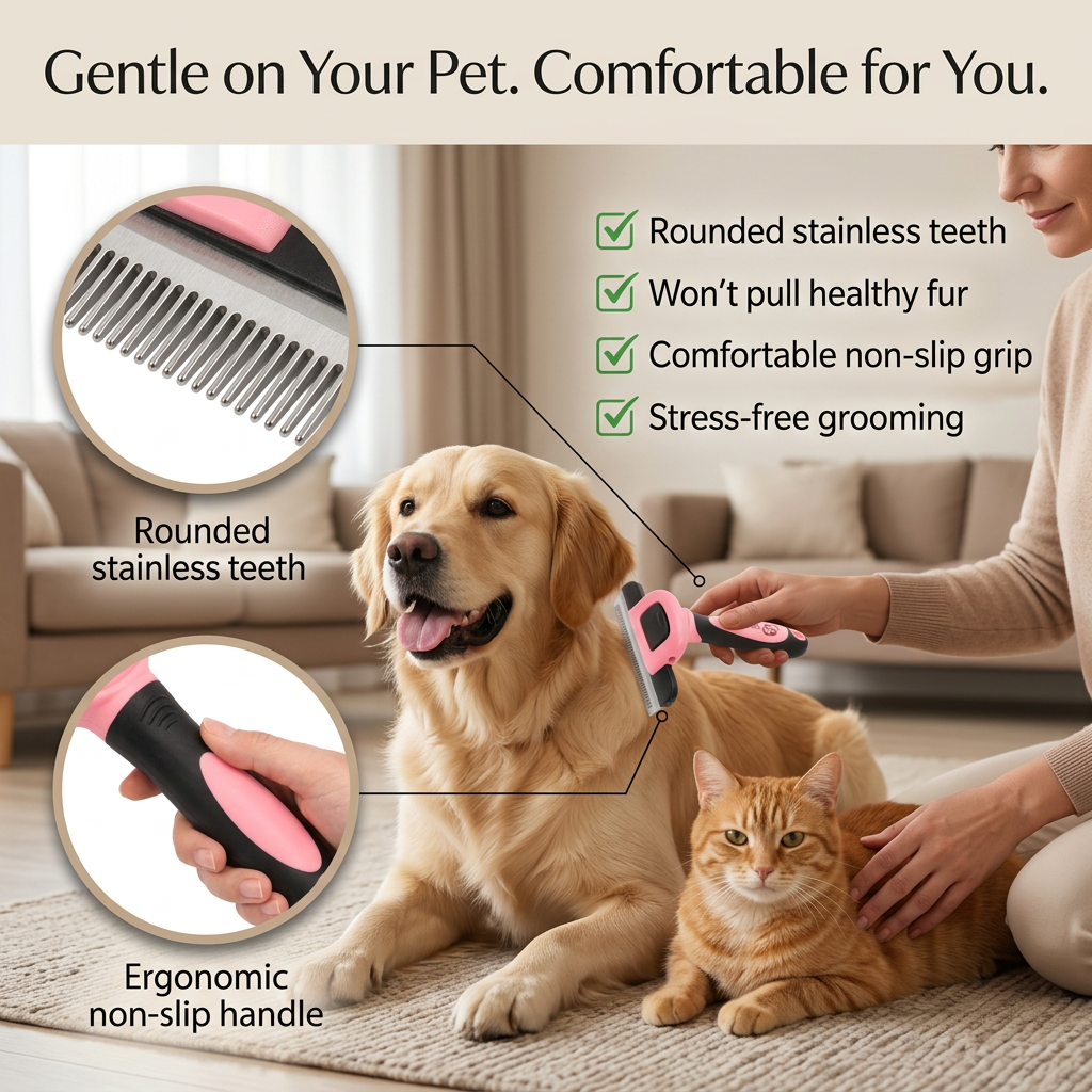 Sinko Deshedding Tool for Dogs & Cats Pet Grooming Brush Pet Deshedding Tool Dog Brush for Shedding Effectively Reduces Shedding by up to 95% for Short Medium Long Pet Hair (Pink)