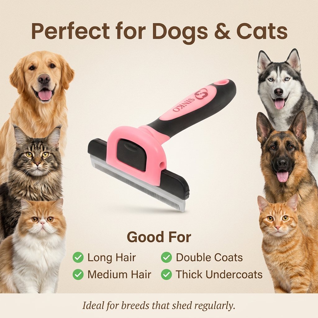 Sinko Deshedding Tool for Dogs & Cats Pet Grooming Brush Pet Deshedding Tool Dog Brush for Shedding Effectively Reduces Shedding by up to 95% for Short Medium Long Pet Hair (Pink)