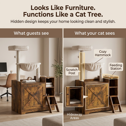 Hey-brother Cat Tree with XL Litter Box Enclosure All-in-one Cat Tower for Indoor Cats with Large Hammock Bed Food Station Scratching Posts Modern Style Pet Furniture Rustic Brown MPJ101SR