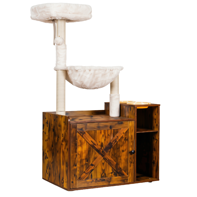 Hey-brother Cat Tree with XL Litter Box Enclosure All-in-one Cat Tower for Indoor Cats with Large Hammock Bed Food Station Scratching Posts Modern Style Pet Furniture Rustic Brown MPJ101SR