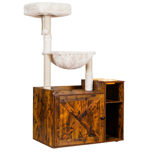 Hey-brother Cat Tree with XL Litter Box Enclosure All-in-one Cat Tower for Indoor Cats with Large Hammock Bed Food Station Scratching Posts Modern Style Pet Furniture Rustic Brown MPJ101SR