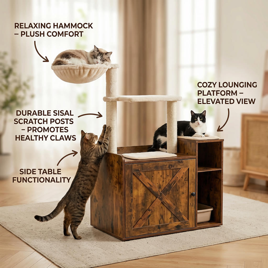 Hey-brother Cat Tree with XL Litter Box Enclosure All-in-one Cat Tower for Indoor Cats with Large Hammock Bed Food Station Scratching Posts Modern Style Pet Furniture Rustic Brown MPJ101SR